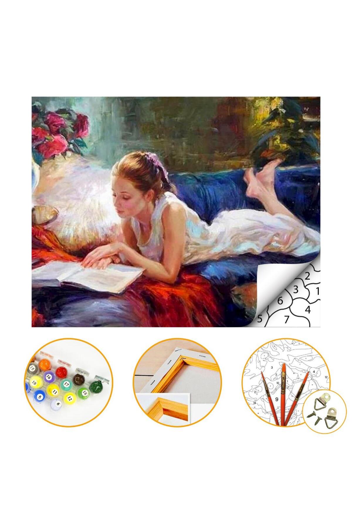 Kitap Okuyan Kadın - Sayılarla Boyama Seti Kasnaklı 40x50cm Boyalar ve Fırçalar Dahil