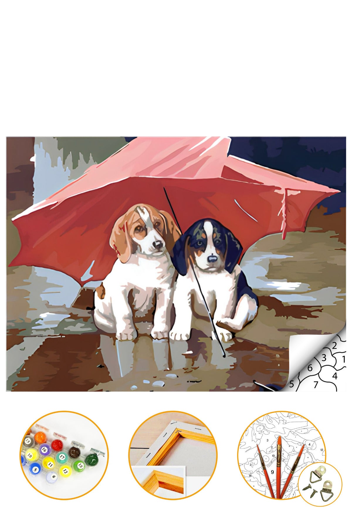 Şemsiyeli Köpekler - Sayılarla Boyama Seti Kasnağa Gerili 40x50cm Boyalar ve Fırçalar Dahil