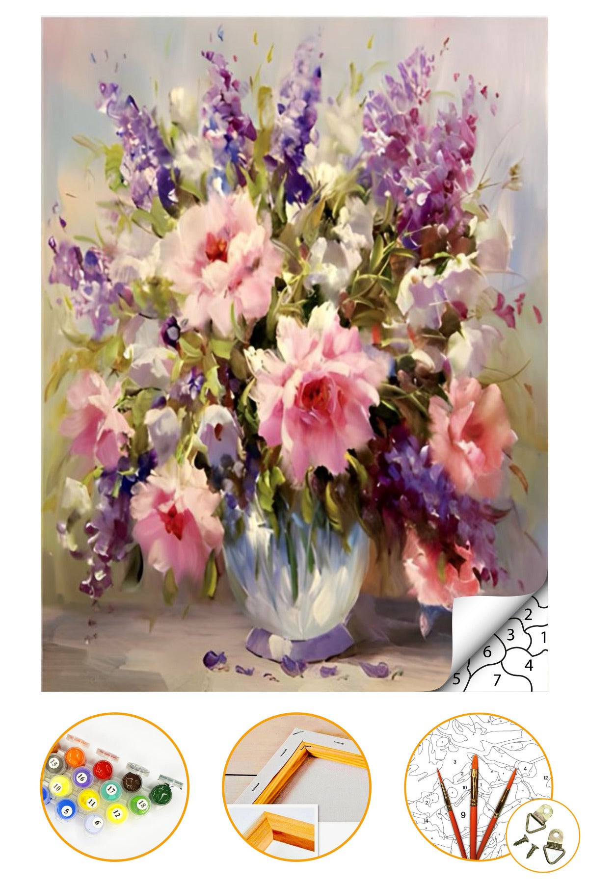 Vazo Çiçek - Sayılarla Boyama Seti Kasnağa Gerili 40x50cm Boyalar ve Fırçalar Dahil