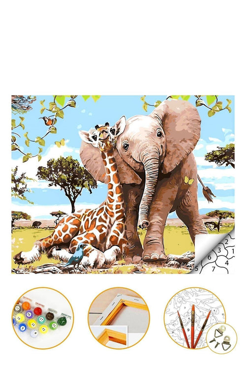 Sayılarla Boyama Seti Kasnaklı 40x50cm Boyalar Ve Fırçalar Dahil - Fil Ve Zürafa