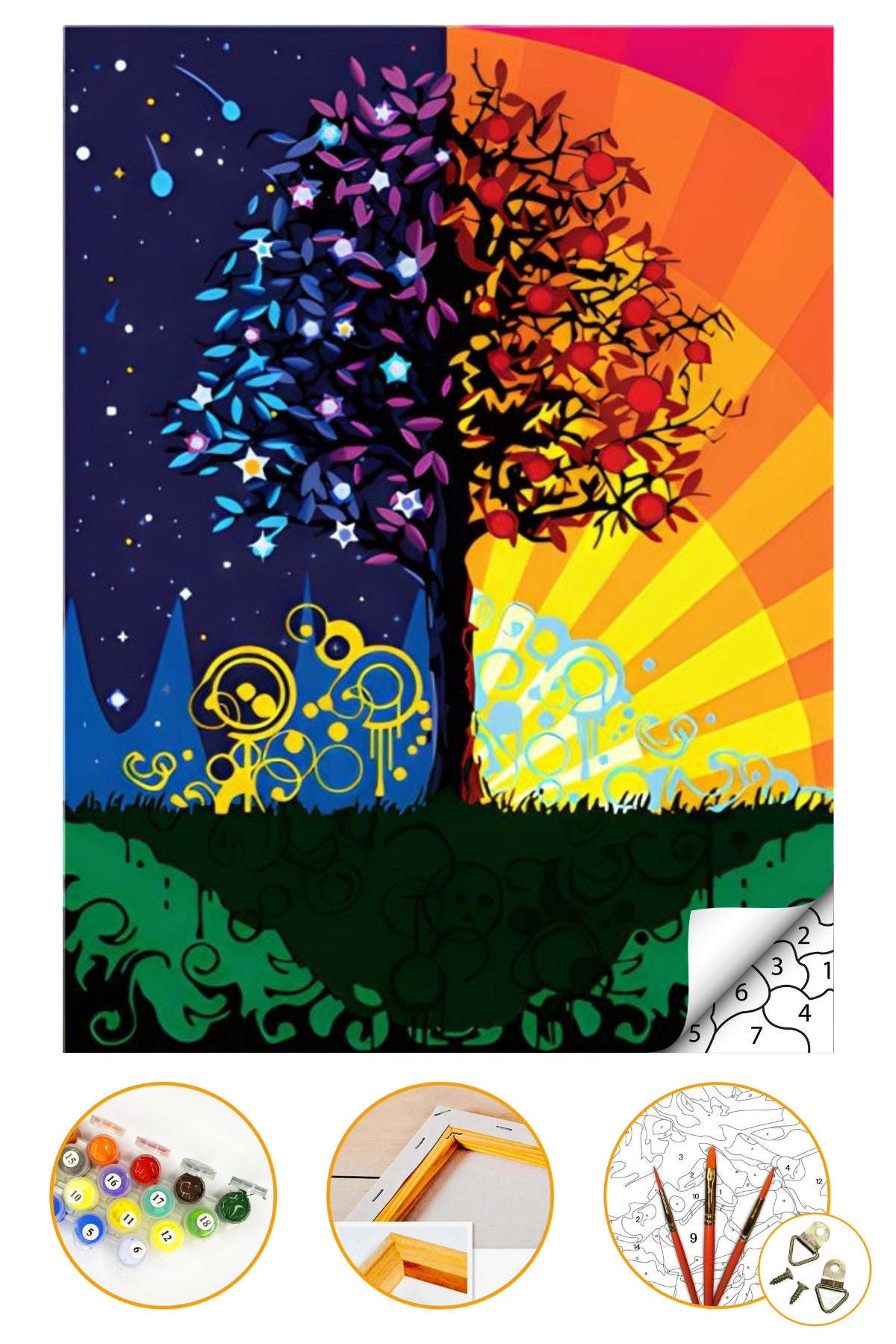 Gece ve Gündüz - Sayılarla Boyama Seti Kasnağa Gerili 40x50cm Boyalar ve Fırçalar Dahil