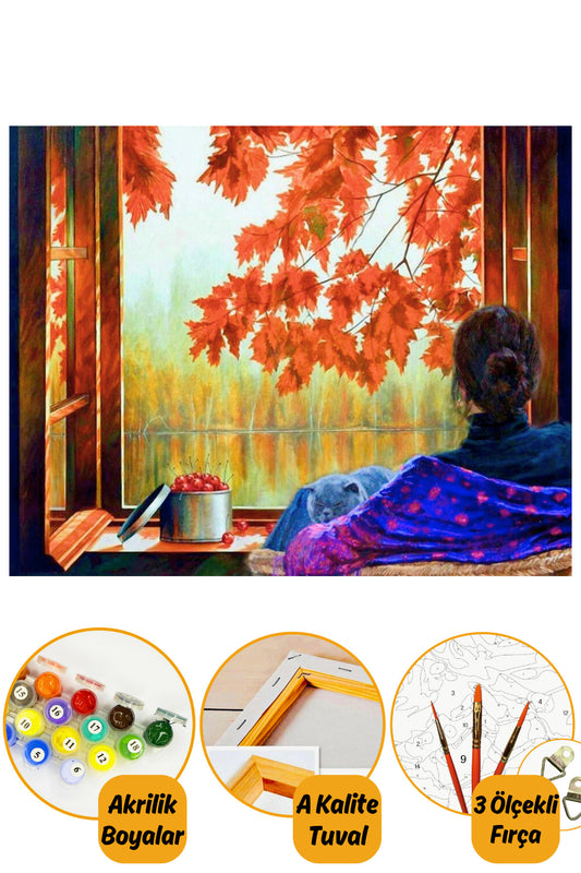 Sayılarla Boyama Hobi Seti Boyalar Ve Fırçalar Dahil 40x50 Cm Çerçeveli - Düşünceli Kadın