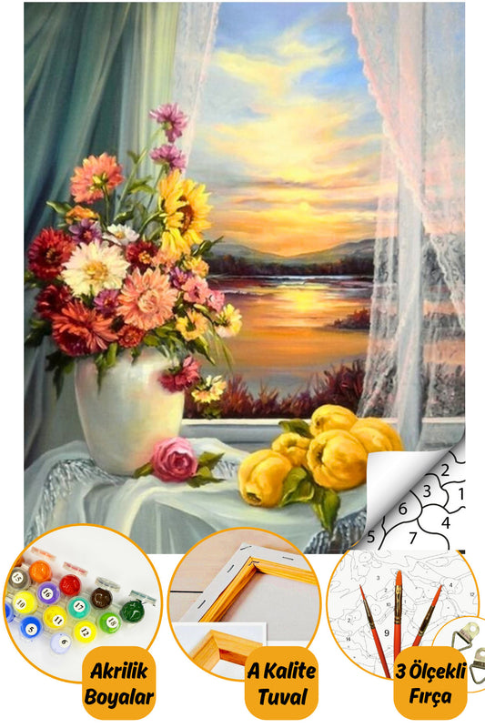 Sayılarla Boyama Seti Kasnaklı 40x50cm Boyalar Ve Fırçalar Dahil - Huzurlu Pencere