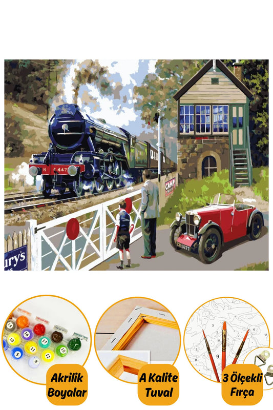 Sayılarla Boyama Hobi Seti 40x50cm Çerçeveli Boyalar Ve Fırçalar Dahil Tren Istasyonu