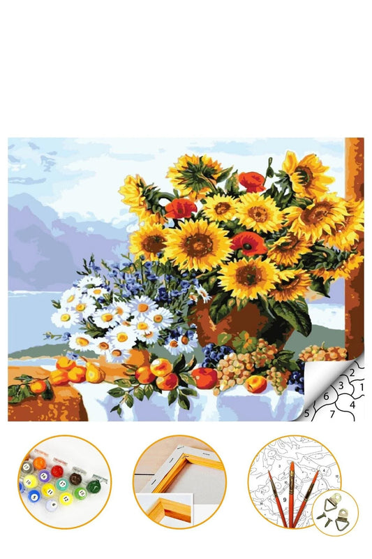 Sayılarla Boyama Hobi Seti 40x50cm Çerçeveli Boyalar Ve Fırçalar Dahil Ayçiçeği Papatya