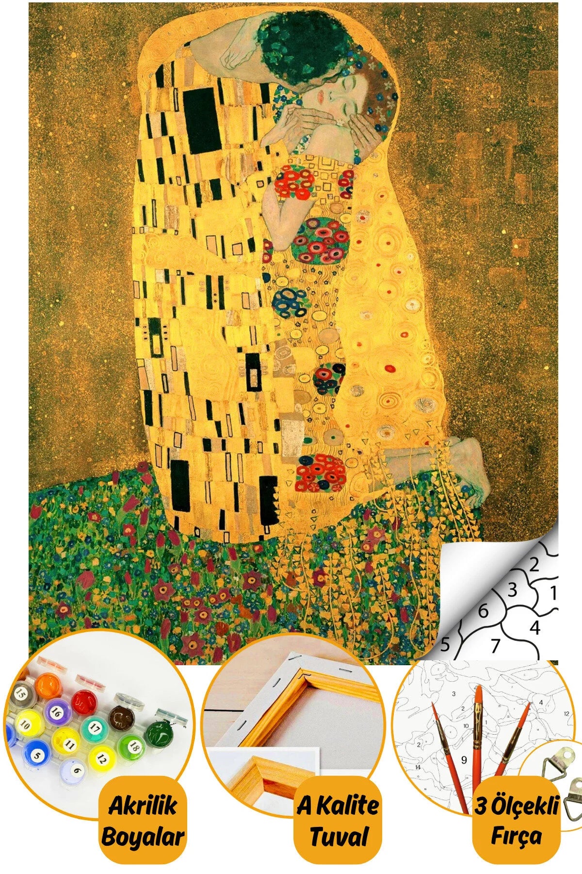 Sayılarla Boyama Hobi Seti Boyalar Ve Fırçalar Dahil Çerçeveli 40 X 50 Cm - Klimt Öpücük