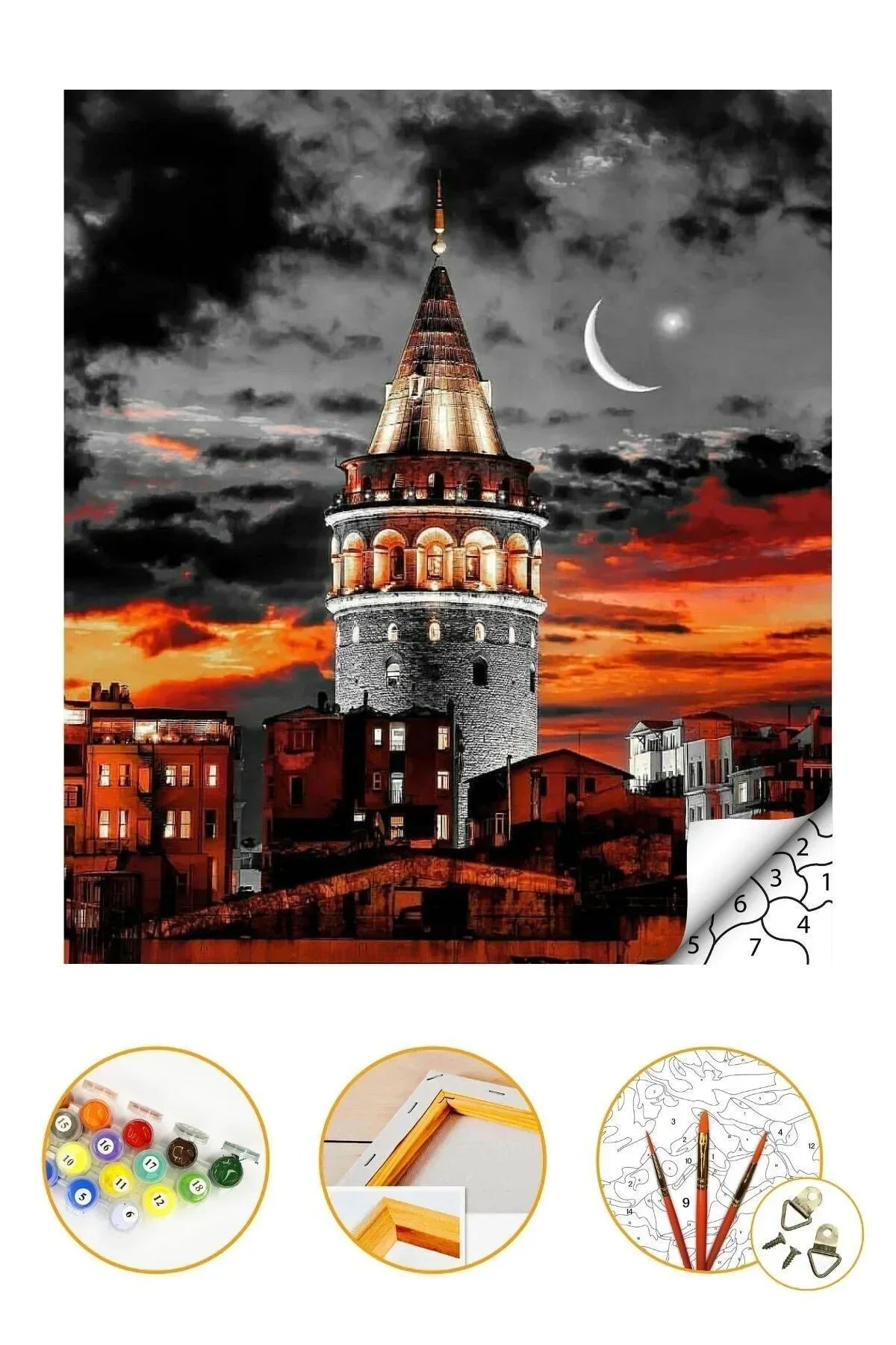Sayılarla Boyama Hobi Seti "boyalar Ve Fırçalar Dahil Çerçeveli 40x50 Cm Galata Kulesi