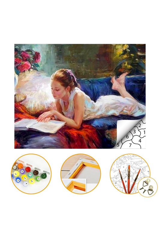 Kitap Okuyan Kadın - Sayılarla Boyama Seti Kasnaklı 40x50cm Boyalar ve Fırçalar Dahil