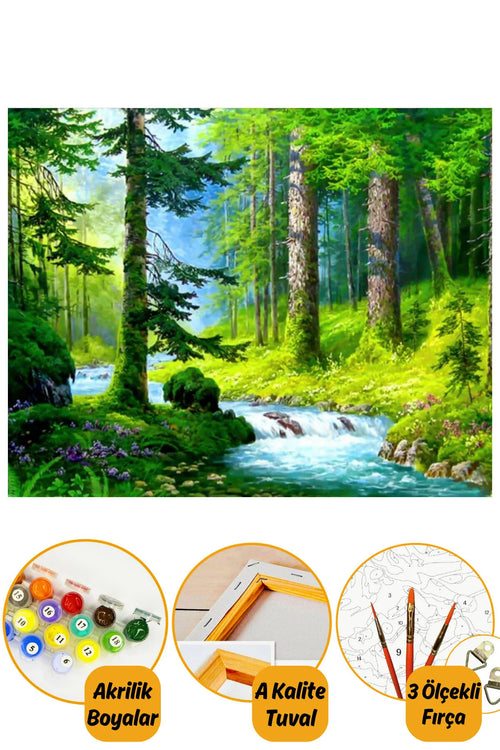 Sayılarla Boyama Hobi Seti "boyalar Ve Fırçalar Dahil Çerçeveli 40x50cm Orman Ve Akarsu