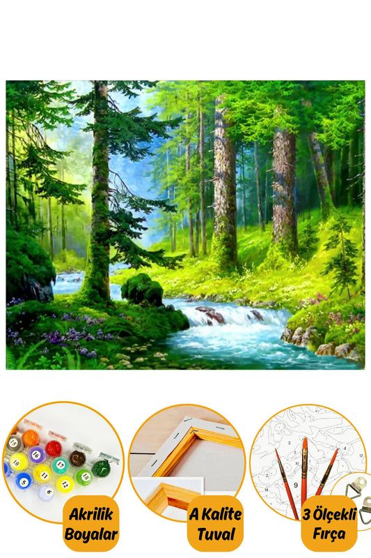 Sayılarla Boyama Hobi Seti "boyalar Ve Fırçalar Dahil Çerçeveli 40x50cm Orman Ve Akarsu
