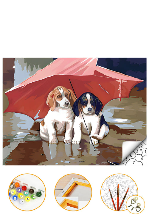 Şemsiyeli Köpekler - Sayılarla Boyama Seti Kasnağa Gerili 40x50cm Boyalar ve Fırçalar Dahil