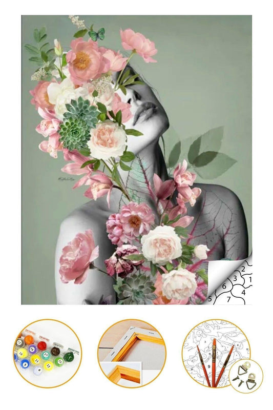 Sayılarla Boyama Seti Kasnaklı 40x50cm Boyalar Ve Fırçalar Dahil - Çiçek Kadın