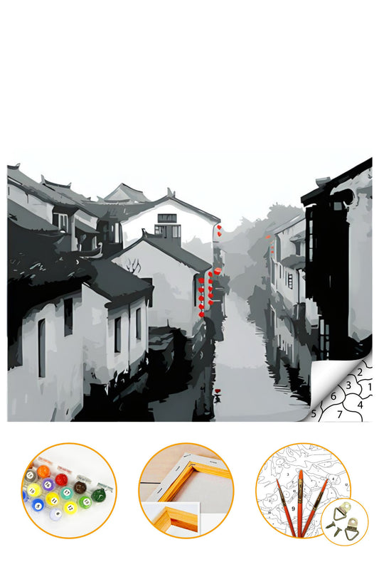 Eski Evler - Sayılarla Boyama Seti Kasnağa Gerili 40x50cm Boyalar ve Fırçalar Dahil