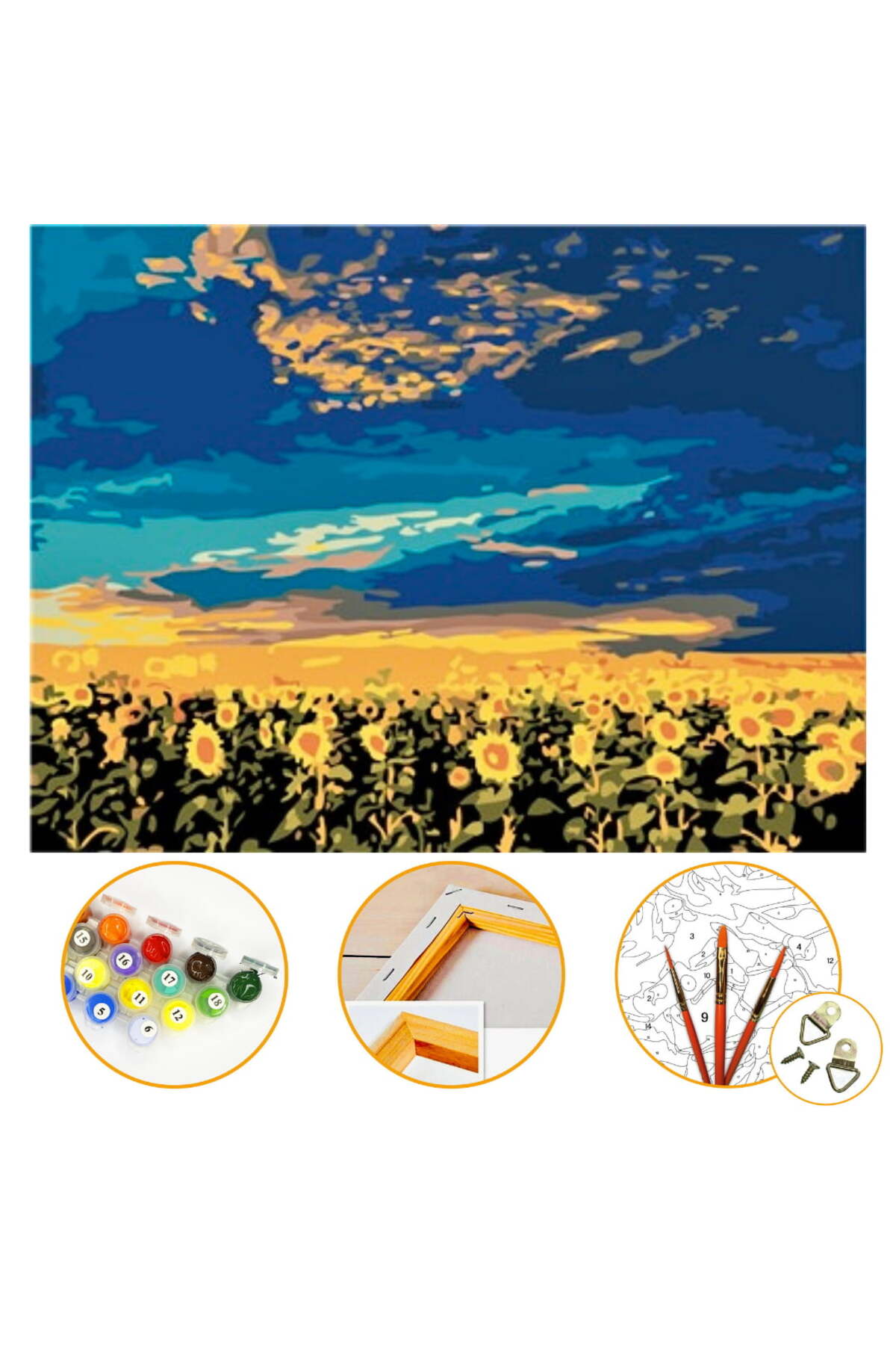 Ayçiçek Tarlası - Sayılarla Boyama Seti Kasnağa Gerili 40x50cm Boyalar ve Fırçalar Dahil