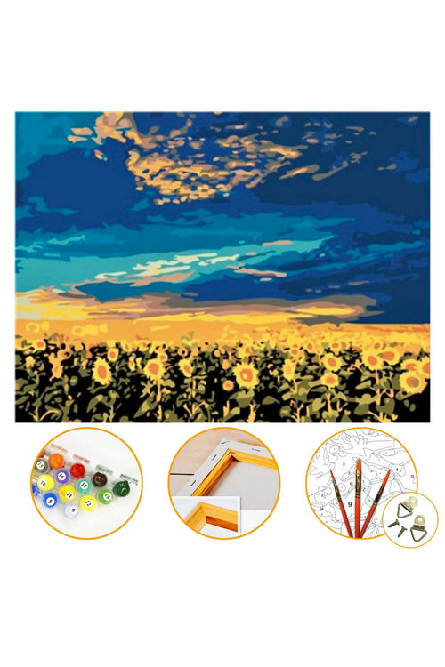 Ayçiçek Tarlası - Sayılarla Boyama Seti Kasnağa Gerili 40x50cm Boyalar ve Fırçalar Dahil