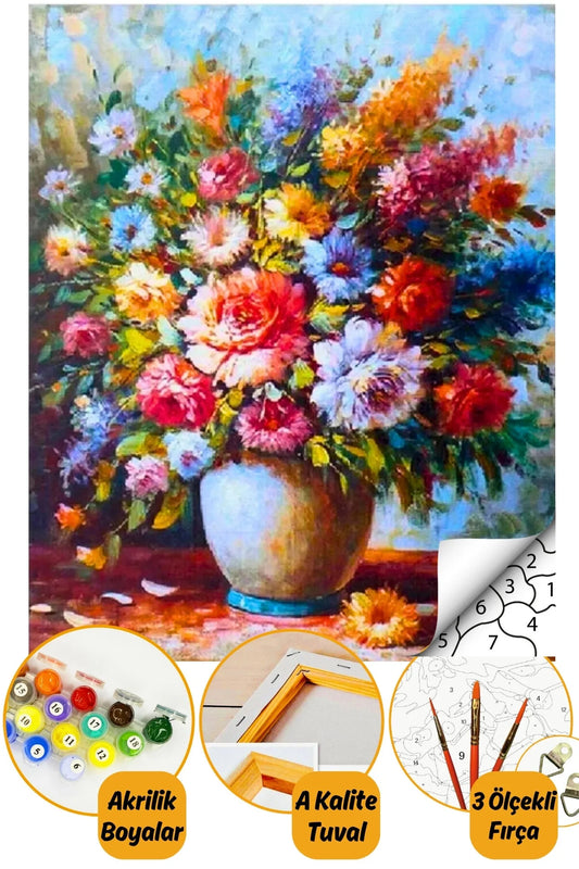 Vazo Çiçek - Sayılarla Boyama Seti Kasnaklı 40x50cm Boyalar ve Fırçalar Dahil