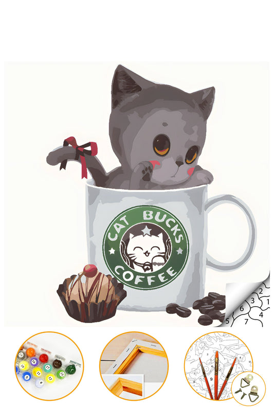 Kedi - Sayılarla Boyama Seti Kasnağa Gerili 40x50cm Boyalar ve Fırçalar Dahil