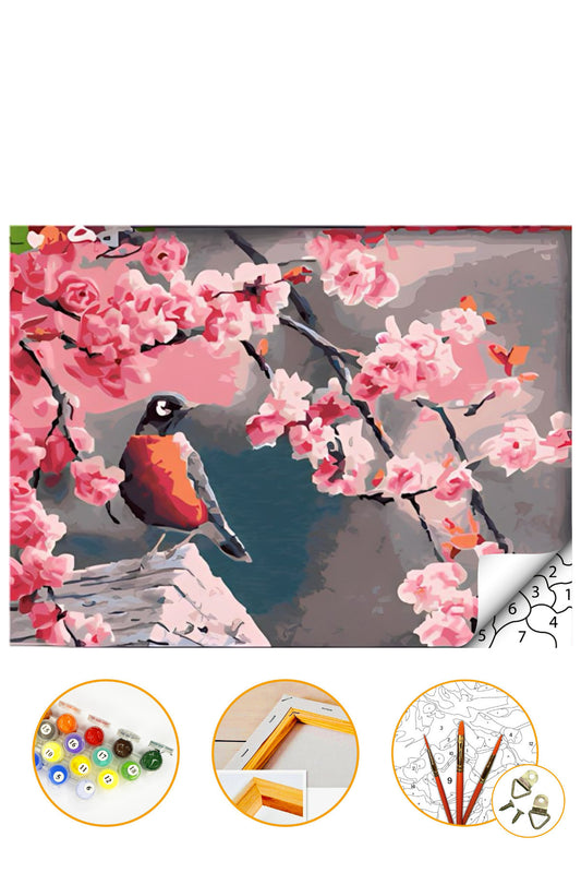Kuş ve Çiçek - Sayılarla Boyama Seti Kasnağa Gerili 40x50cm Boyalar ve Fırçalar Dahil