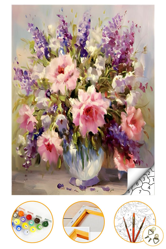Vazo Çiçek - Sayılarla Boyama Seti Kasnağa Gerili 40x50cm Boyalar ve Fırçalar Dahil