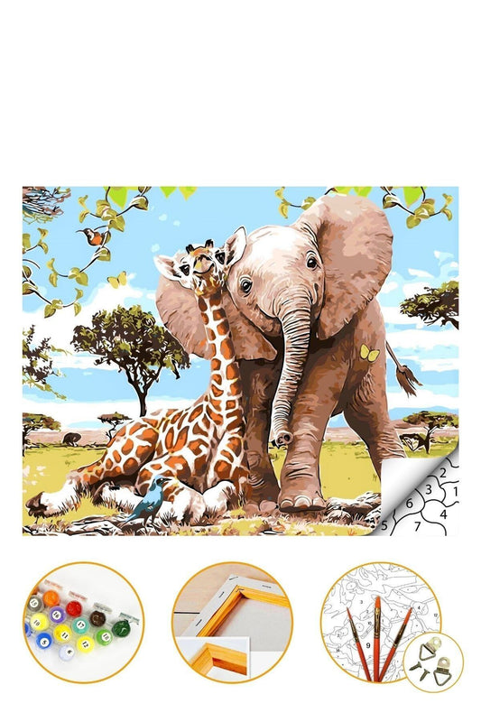 Sayılarla Boyama Seti Kasnaklı 40x50cm Boyalar Ve Fırçalar Dahil - Fil Ve Zürafa