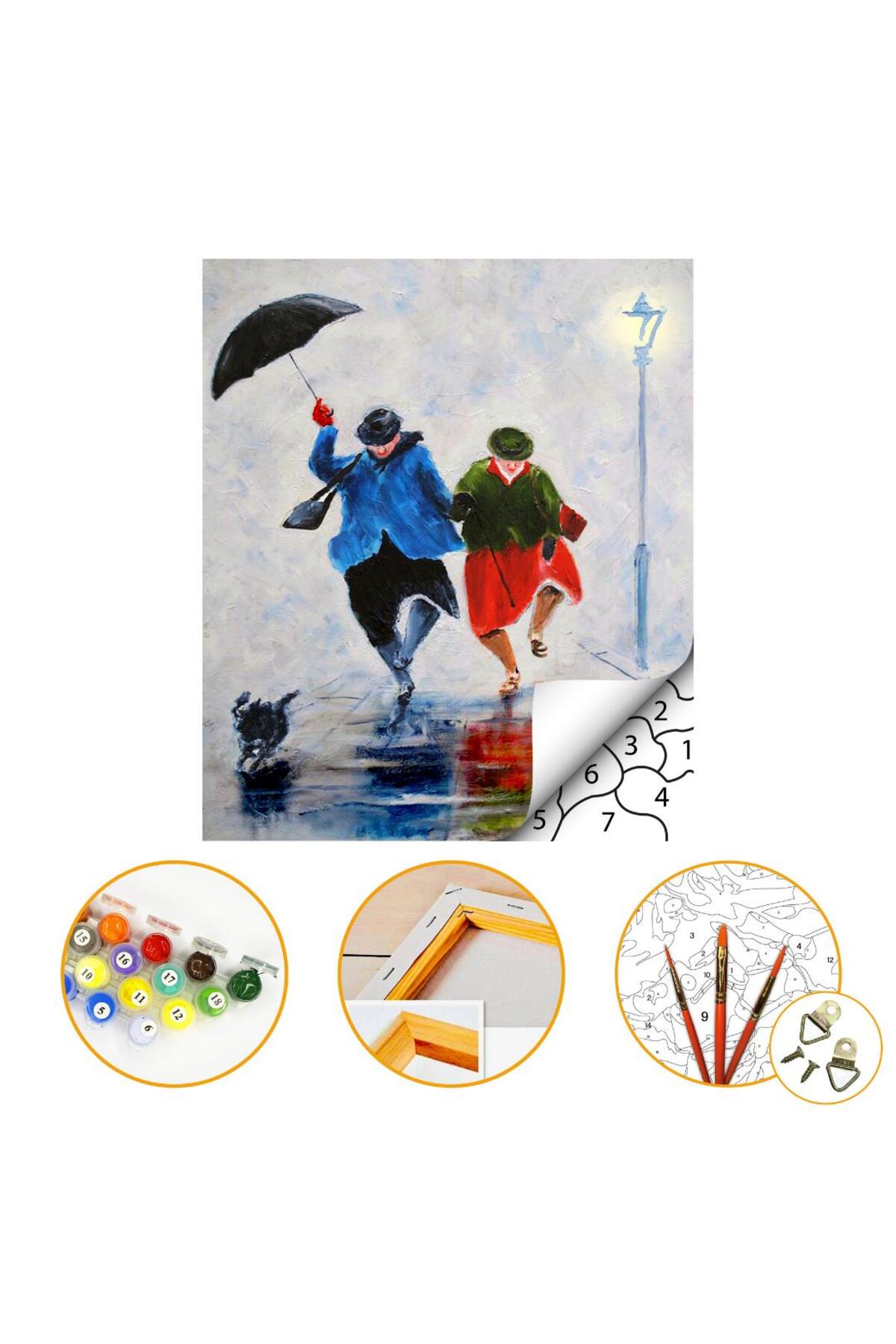 Şemsiyeli Çift - Sayılarla Boyama Seti Kasnaklı 40x50cm Boyalar ve Fırçalar Dahil