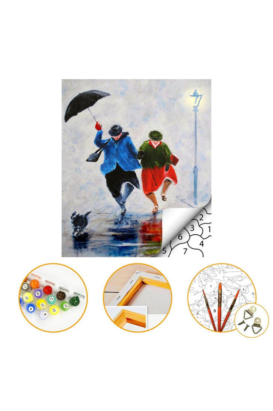 Şemsiyeli Çift - Sayılarla Boyama Seti Kasnaklı 40x50cm Boyalar ve Fırçalar Dahil