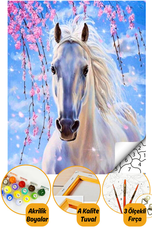 Sayılarla Boyama Hobi Seti "boyalar Ve Fırçalar Dahil Çerçeveli 40x50cm - Pembe Çiçekli At