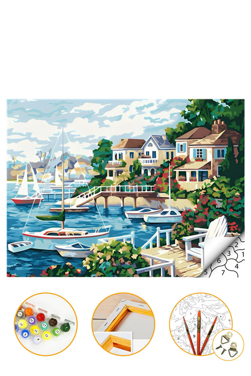 Sahil Kasabası - Sayılarla Boyama Seti Kasnağa Gerili 40x50cm Boyalar ve Fırçalar Dahil