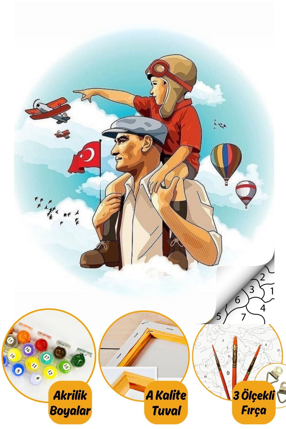 Sayılarla Boyama Numaralı Tuval Seti Fırça Boya Dahil 40x50cm - Atatürk ve Çocuk