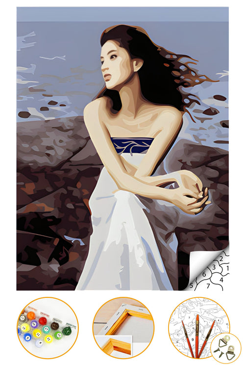 Sahilde Yalnız Kadın - Sayılarla Boyama Seti Kasnağa Gerili 40x50cm Boyalar ve Fırçalar Dahil