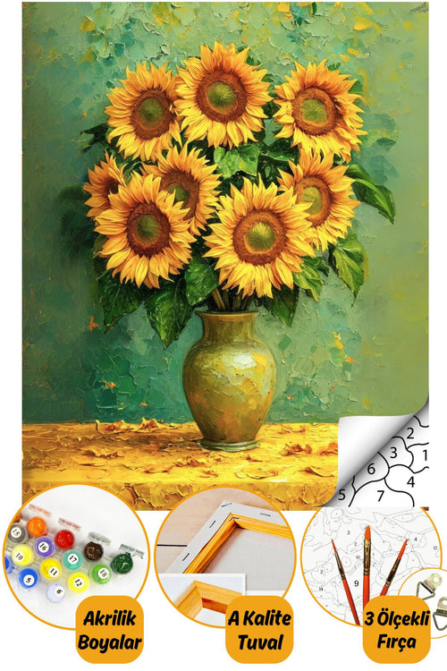 Sayılarla Boyama Numaralı Tuval Seti Fırça Boya Dahil 40x50cm Ayçiçeği