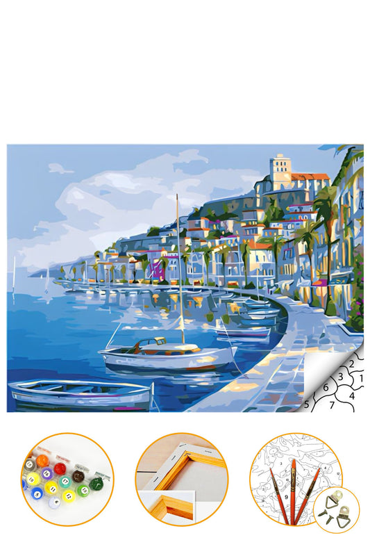 Sahil Kasabası - Sayılarla Boyama Seti Kasnağa Gerili 40x50cm Boyalar ve Fırçalar Dahil