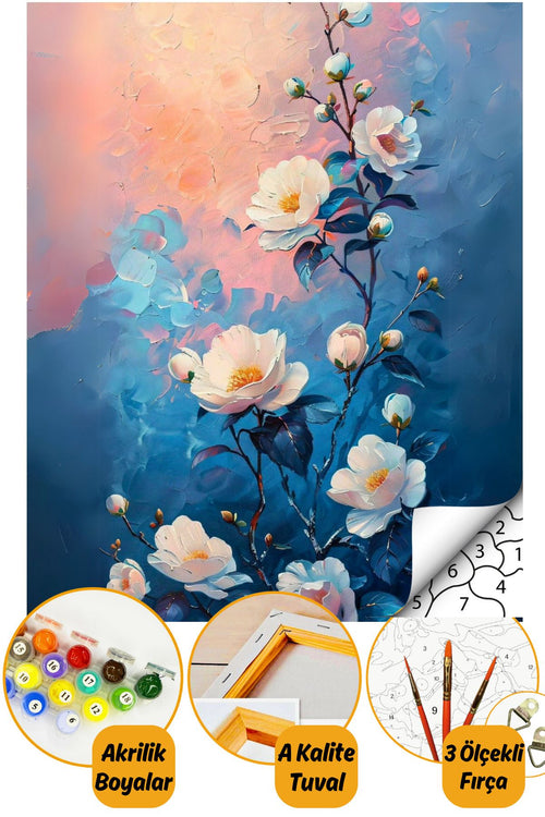 Sayılarla Boyama Numaralı Tuval Seti Fırça Boya Dahil 40x50cm - Beyaz Çiçekler