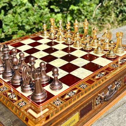 Lüks El Yapımı Satranç Takımı Gold Metal, Masif Ahşap Satranç, Hediyelik
